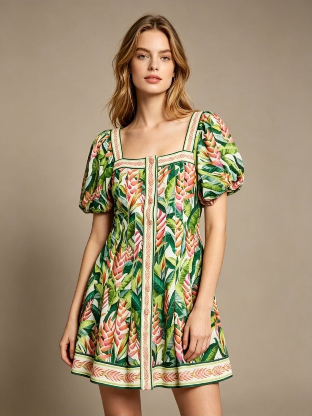 NWOT FARM Rio Square Neck Puff Sleeve Floral Tropical Print Mini Dress Size S